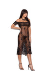 Women's Black Off Shoulder Tea Length Lace Gown Eyelash Lace Hem Lingerie