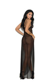 Women's Black Long Mesh Gown Features Front Slit Satin Bows Lace Lingerie