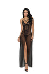 Women's Black Long Mesh Gown Features Front Slit Satin Bows Lace Lingerie