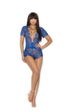 Women's Royal Blue Eyelash Lace Short Sleeve Plunge Romper Lingerie