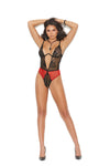 Women's Red/Black Mesh Lace Mono Wire Teddy Deep V Front Lingerie